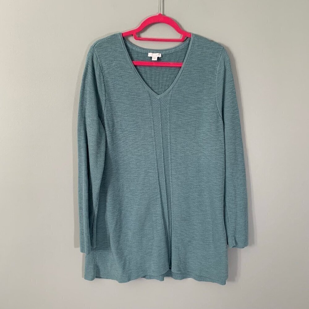 J. Jill Women Seafoam Blue Green V-Neck Textured Cotton Blend Knit Sweater L‎